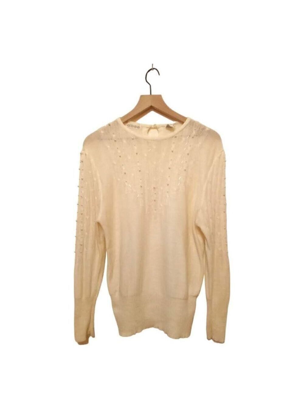 Albee Vintage Ivory Crew Neck Beaded Knitted Sweater Sz L